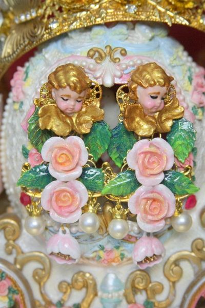 SOLD! 3355 Total Baroque Hand Painted Massive Cherub Angel Roses Pearl Earrings Studs