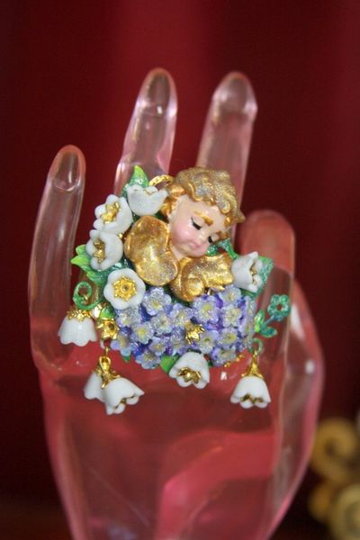 SOLD! 3356 Total Baroque Hand Painted Cherub Hydrangea Putti Flowers Ring