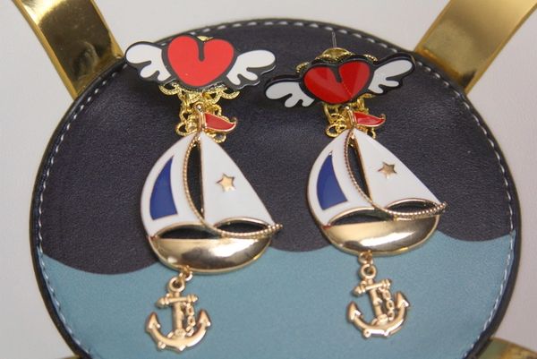 SOLD! 3368 Nautical Matine Enamel Ship Heart Studs Earrings