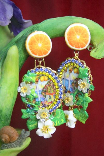 SOLD! 3383 Sicilian Tile Taormina Print Orange Fruit Tassel Studs Earrings