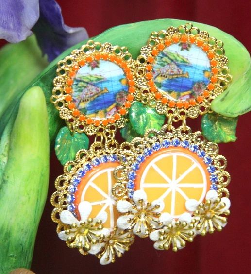 SOLD! 3384 Sicilian Tile Taormina Print Orange Fruit Tassel Studs Earrings