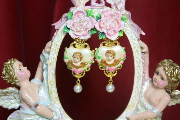 SOLD! 3389 Hand Painted Rococo Off White Heart Red Rose Studs Earrings