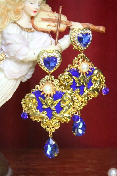 SOLD! 3395 Total Baroque Cherub Blue Heart Gold Curves Dangle studs Earrings