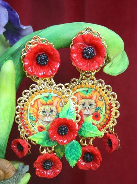 SOLD! 3396 Victorian Cat Print Poppy Daisy Leaf Stunning Studs Earrings