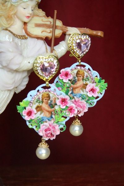 SOLD! 3401 Victorian Adorable Valentine Hand Painted Pearl Flower Earrings