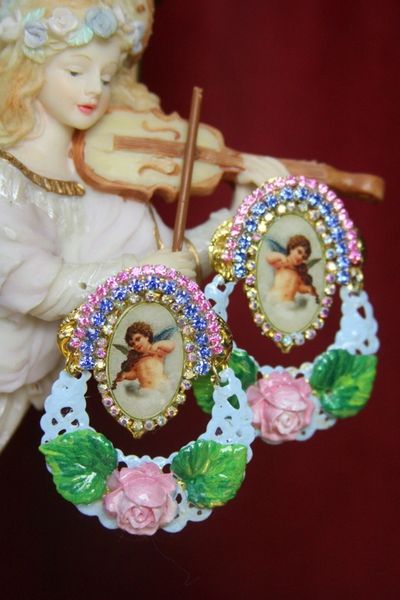 SOLD! 3404 Cupid Victorian Adorable Valentine Hand Painted Pearl Flower Earrings