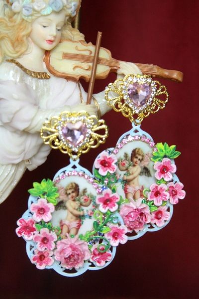 SOLD! 3405 Victorian Adorable Valentine Hand Painted Flower Earrings