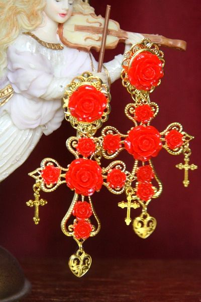 SOLD! 3412 Total Baroque Red Rose Cross Studs Earrings