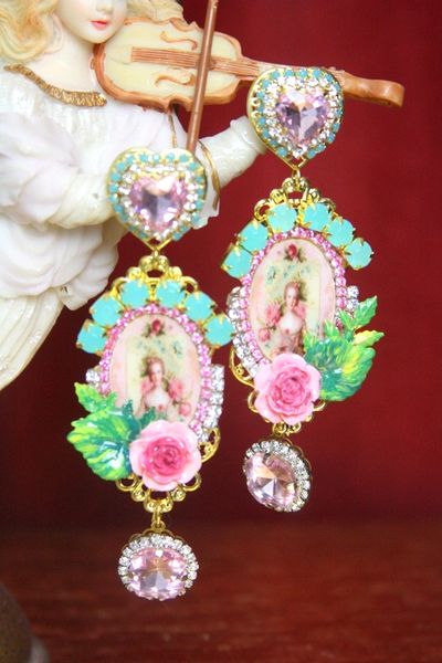SOLD! 3422 Young Marie Antoinette Pink Crystal Hand Painted Leaf Rose Elegant Earrings Studs