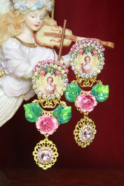 SOLD! 3423 Young Marie Antoinette Pink Crystal Hand Painted Leaf Rose Elegant Earrings Studs