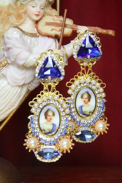 SOLD! 3429 Victorian Lady Cameo Blue Crystal Elegant Earrings Studs