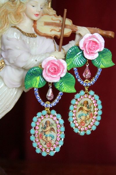 SOLD! 3432 Victorian Adorable Valentine Hand Painted Flower Earrings