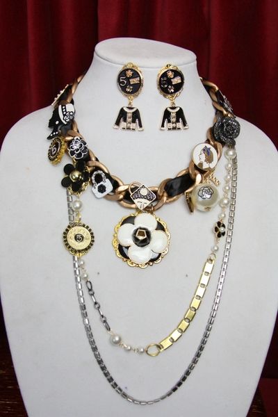 SOLD! 3437 Set Of Madam Coco Enamel Camellia Jacket Enamel Charms Chains Necklace+ Earrings