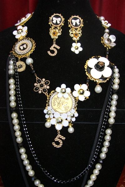 SOLD! 3438 Set Of Madam Coco Medallion Enamel White Camellia Enamel Charms Chains Necklace+ Earrings