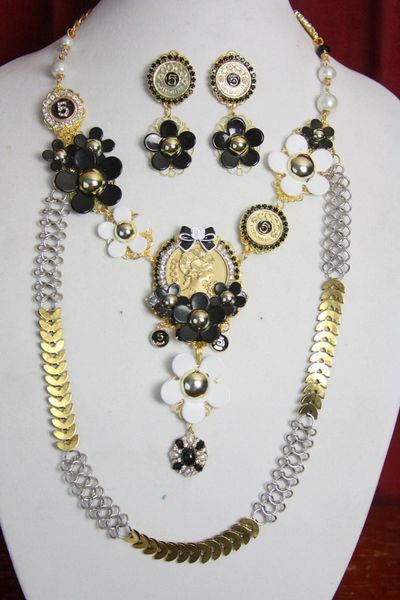 SOLD! 3439 Set Of Madam Coco Medallion Enamel Black Camellia Enamel Charms Chains Necklace+ Earrings
