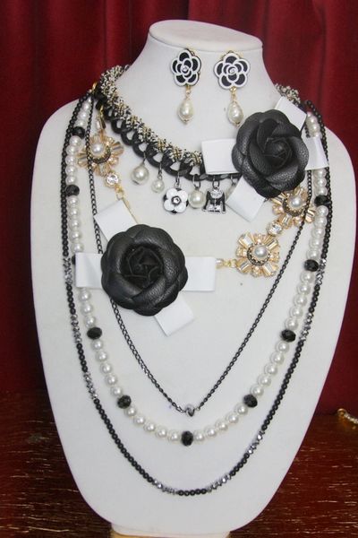 SOLD! 3440 Set Of Madam Coco Enamel Leather Camellias Enamel Charms Chains Necklace+ Earrings