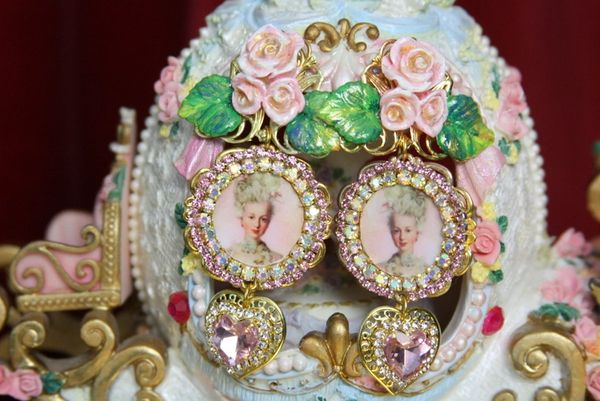 SOLD! 3453 Young Marie Antoinette Pink Crystal Hand Painted Leaf Rose Elegant Earrings Studs