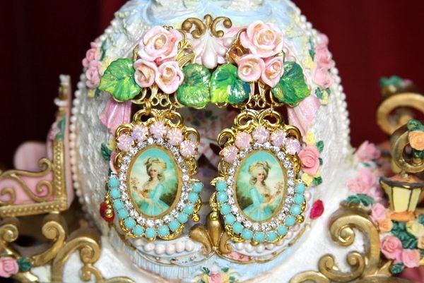 SOLD! 3254 Aqua Young Marie Antoinette Pink Crystal Hand Painted Leaf Rose Elegant Earrings Studs