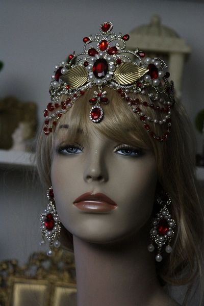 SOLD! 424 SET Baroque Red Rhinestone Leaf Metal Crown Tiara+ Earrings