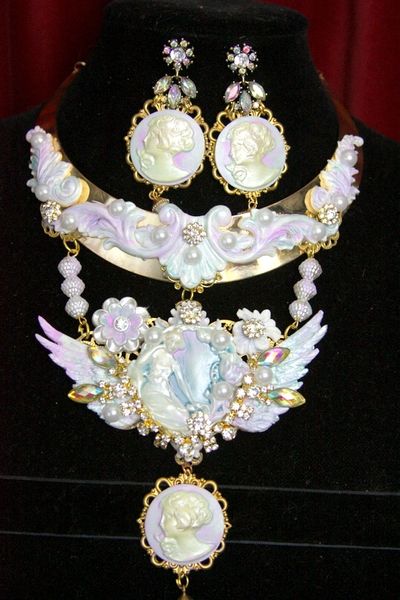 SOLD! 602 SET Art Nouveau Pearlish Purple Winged GoddessZibellini Cameo Statement Necklace