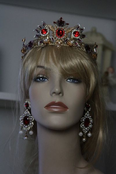 SOLD! SET Baroque Red Rhinestone Gold Filigree Crown Headband Tiara
