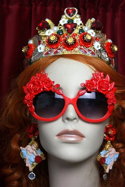 SOLD! 3485 Baroque Rococo Red Enamel Embellished Flower Sunglasses