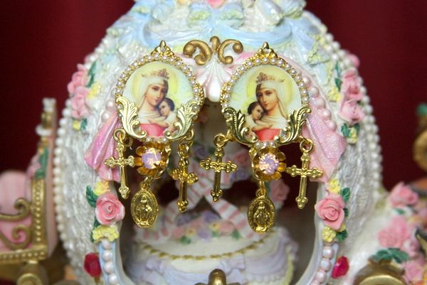 SOLD! 3493 Virgin Mary Cameo Pearl Cross Crystal Pearl Elegant Statement Earrings Studs