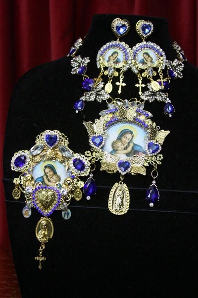 SOLD! 3499 Set Of Virgin Mary Madonna Blue Crystal Necklace+ Earrings