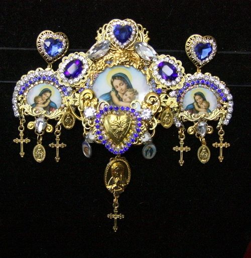 SOLD! 3500 Set Of Virgin Mary Madonna Blue Crystal Unique Huge Brooch+ Earrings
