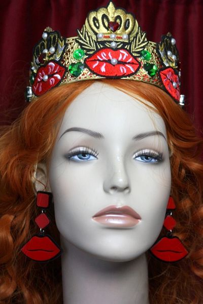 SOLD! 3505 Set Of Earrings + Unusual Baroque Lips Crown Applique Cross Crystal Flower Crown Headband