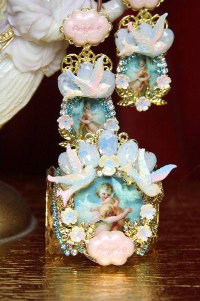 SOLD! 3507 Set Of Earrings+ Vintage Hand Painted Cameo Cherubs Doves Pearl Cuff Bangle