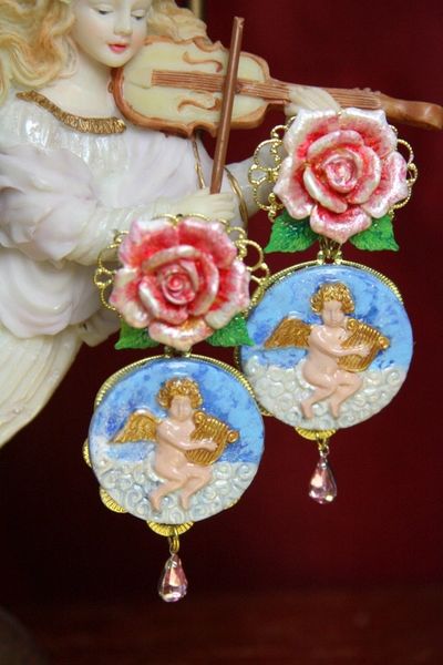 3511 Total Baroque Faced Hand Painted Rose Cherubs Angel Studs Earrings