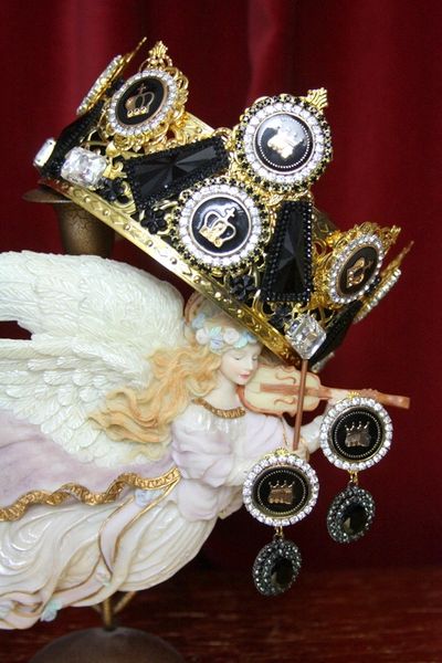 3512 Set Of Baroque Black Cameo Crystal Crown Headband+ Earrings