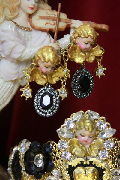 SOLD! 3513 Total Baroque Hand Painted Black Crystal Cherubs Angel Studs Earrings