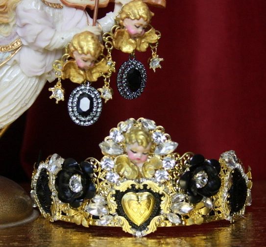 SOLD! 3514 Set Of Angel Cherub Baroque Black Cameo Crystal Crown Headband+ Earrings