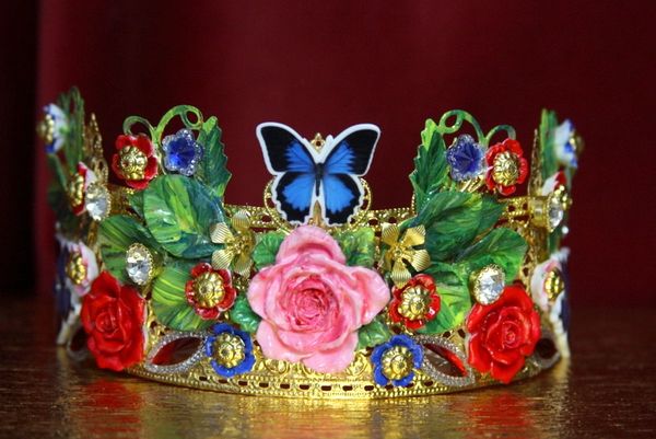 SOLD! 3519 Spring 2018 Set Of Runway Baroque Hand Painted Vivid Garden Butterflies Crown+ Earrings