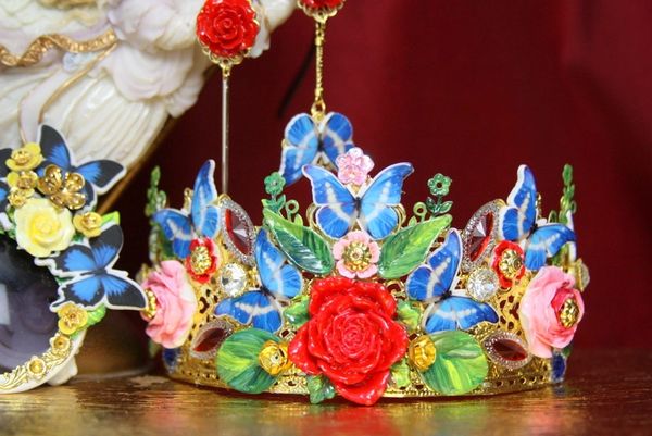 SOLD! 3520 Spring 2018 Set Of Runway Baroque Hand Painted Vivid Garden Butterflies Crown+ Earrings