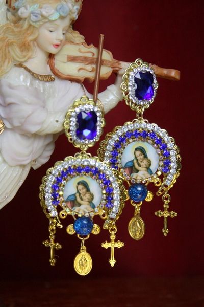 SOLD! 3521 Virgin Mary Madonna Blue Crystal Studs Earrings