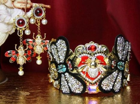 SOLD! 3523 Set Of Earrings + Unusual Baroque Bee Heart Applique Cross Crystal Flower Crown Headband