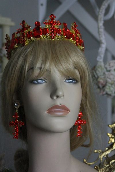Baroque 434 SET Designer Inspired Red Rhinestone Cross Crystal Headband Crown