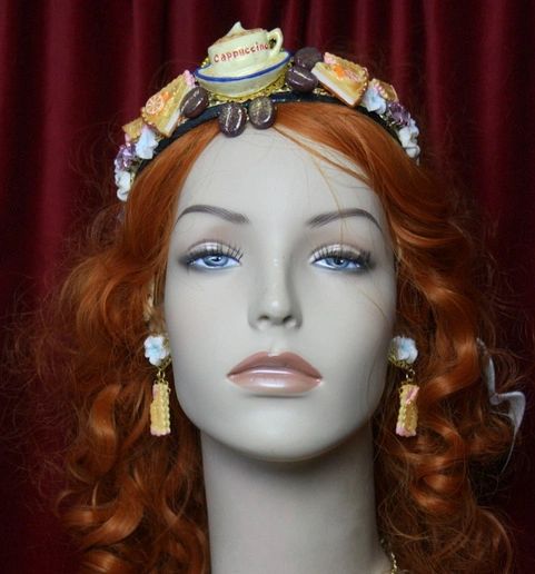 SOLD! 3532 Set Of Earrings + Unusual Baroque Coffee Beans Cookie Crystal Flower Crown Headband