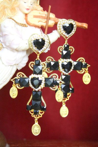 SOLD! 3533 Total Baroque Black Crystal Cross Studs Earrings