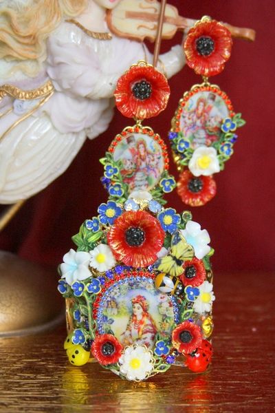 SOLD! 3535 Set Of Earrings+ Hand Painted Ukrainian Traditional Pattern Cameo Poppy Daisy Cuff Bangle