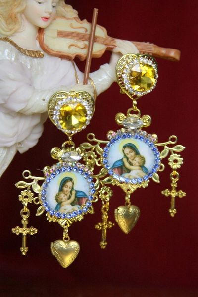 SOLD! 3557 Virgin Mary Madonna Blue Crystal Studs Earrings