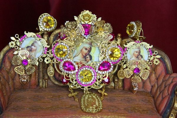 SOLD! 3559 Set Of Virgin Mary Madonna Fuchsia Crystal Gold Flower Unique Huge Brooch+ Earrings