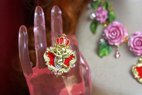 SOLD! 3569 Baroque Royal Cherub Red Heart Crown Adjustable Cocktail Ring