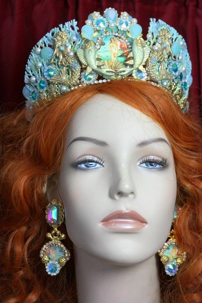 SOLD! 3576 Set Of Earrings+ Birth Of Venus Star Mermaids Hand Painted Tiara Crown