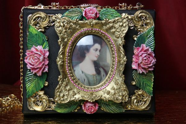SOLD! 3586 Hand Painted Victorian Cameo Frame Roses Vintage Style Handbag Trunk