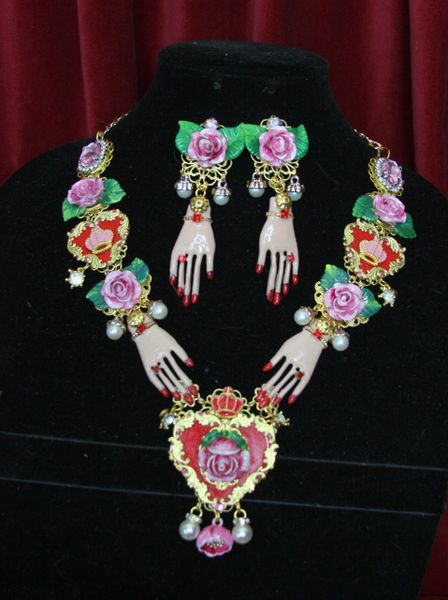 SOLD! 3585 Set Of Hand Painted Roses Hands Red Pearl Necklace+ Earrings