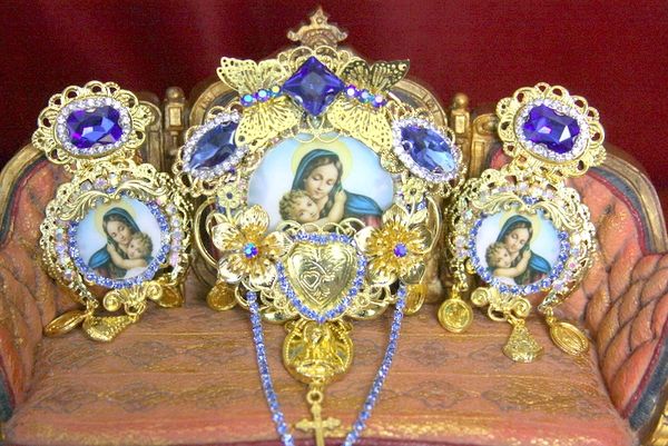 SOLD! 3591 Set Of Virgin Mary Madonna Blue Crystal Unique Huge Brooch+ Earrings